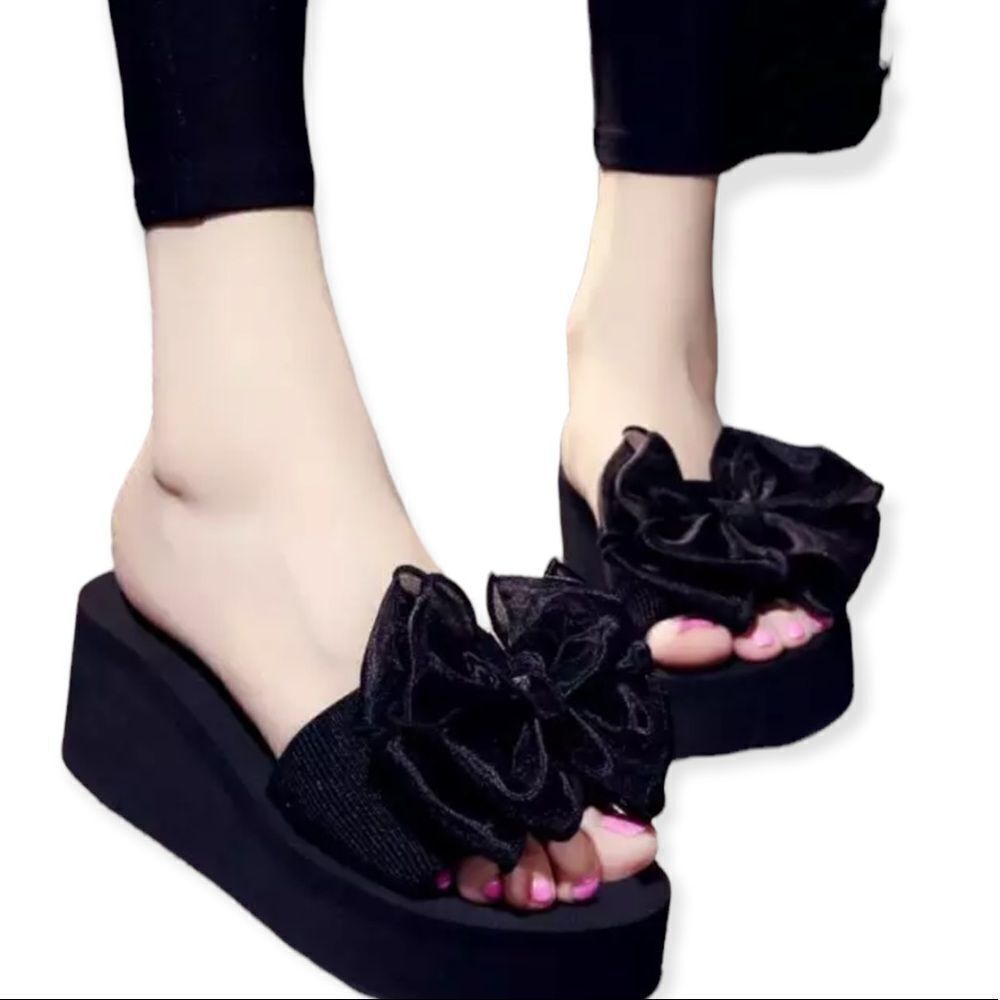 Black Butterfly Bow Open Toe Slip On Wedge Sandals NEW